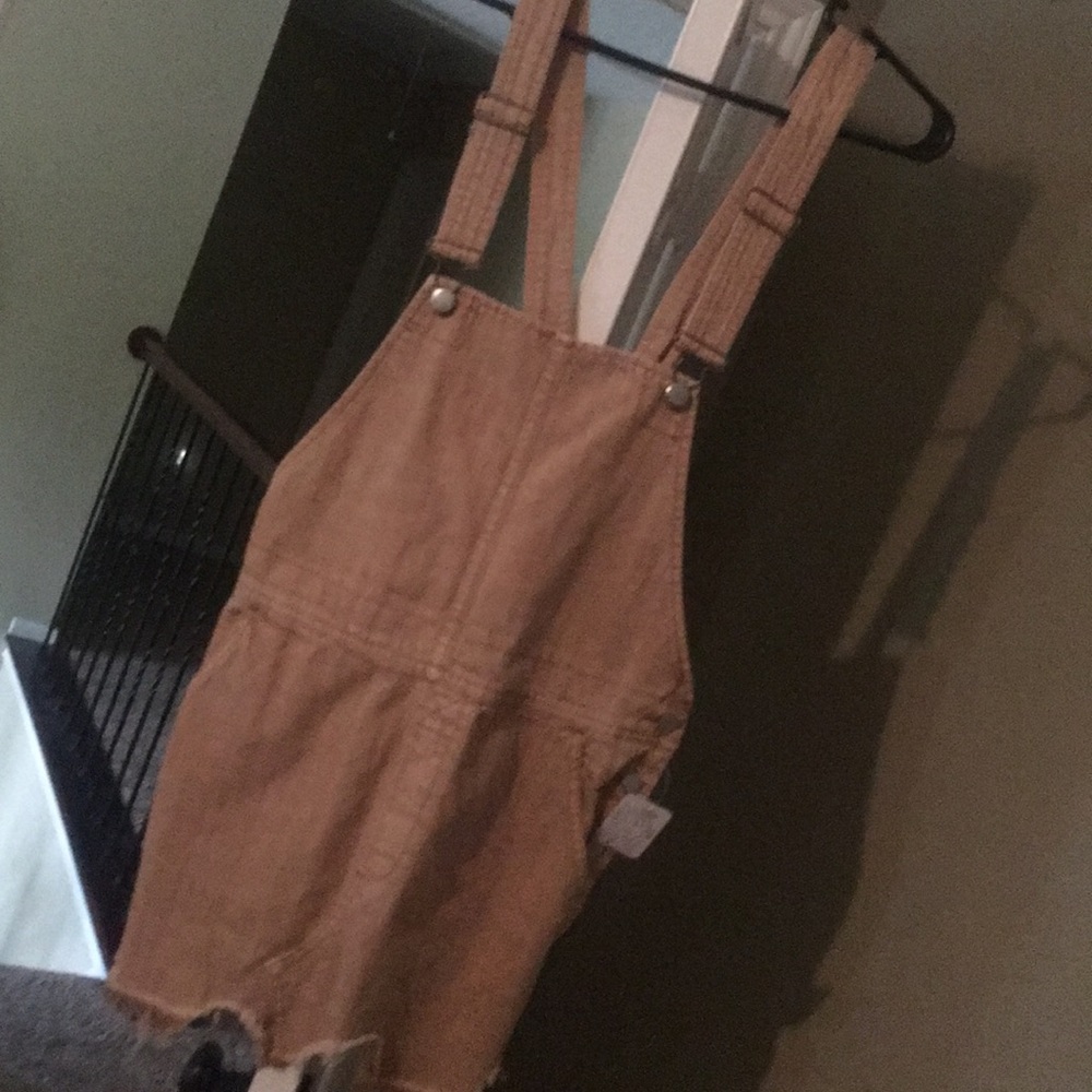 Free People Khaki Distressed Denim Skirt Overall